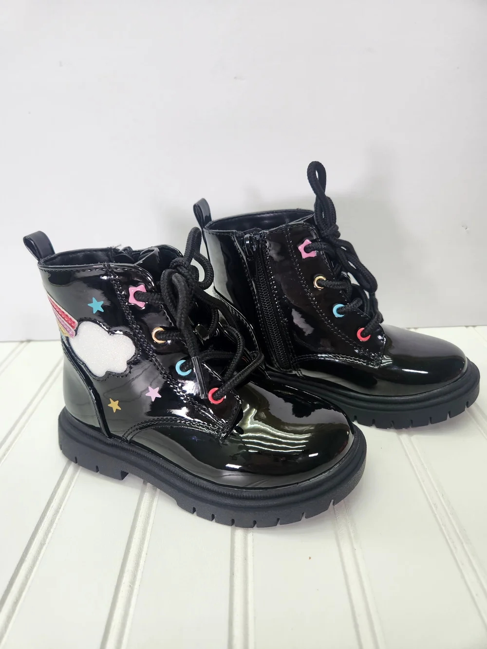 Sugar Black Patent Lace-Up Boots with Rainbow Star & Cloud Details